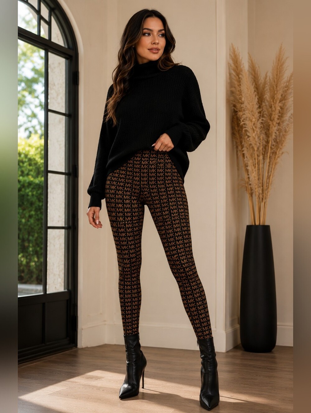 Michael Kors MK Logo Leggings Size Large Black & Orange-Gold Monogram Stretch